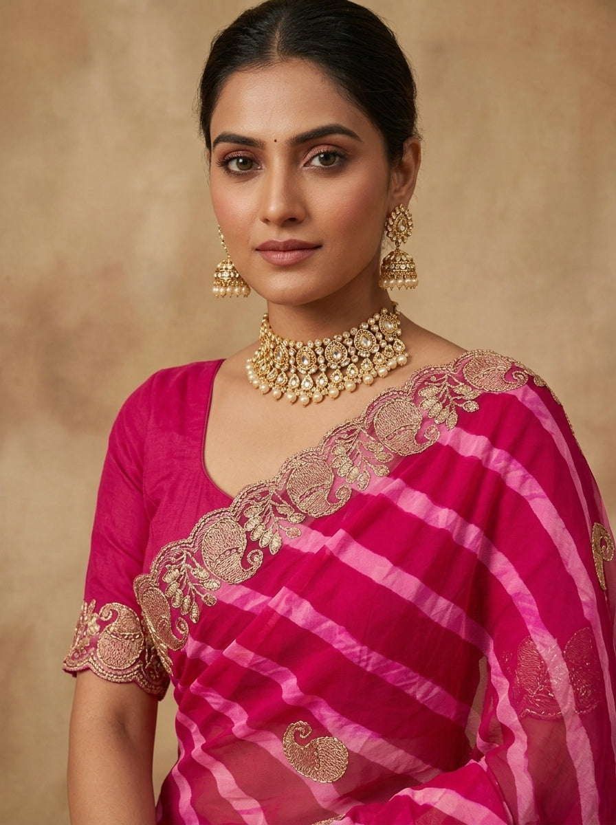 Rani Pink Leheriya Georgette Saree with Embroidered Scalloped Border