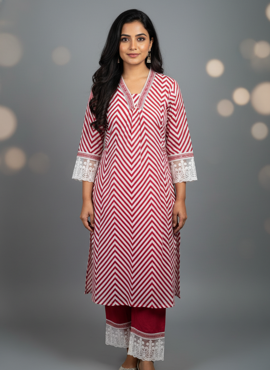 Maroon Chevron Lace Cotton Kurta Set for Women – Pure Cotton Daily Wear Suit