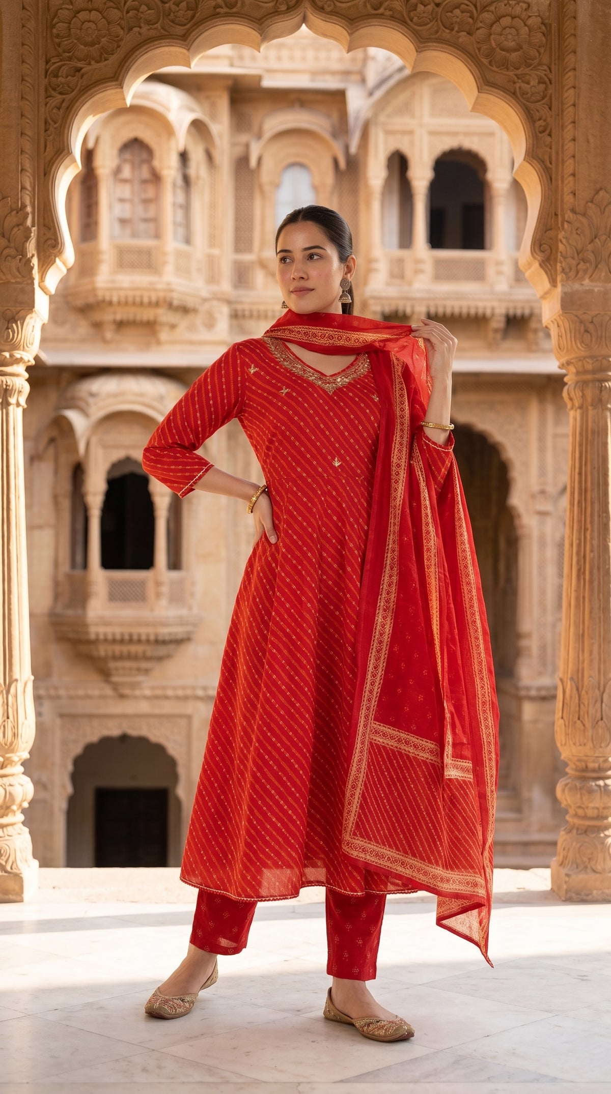 Orange  Leheriya Anarkali Cotton Kurta Set with Bandhani Dupatta