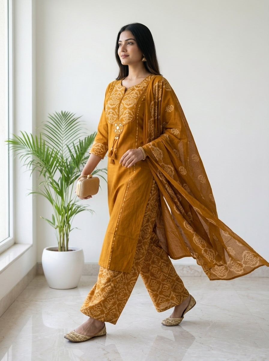 Ochre Mustard Bandhani Print Cotton Kurta Pant Set with Dupatta
