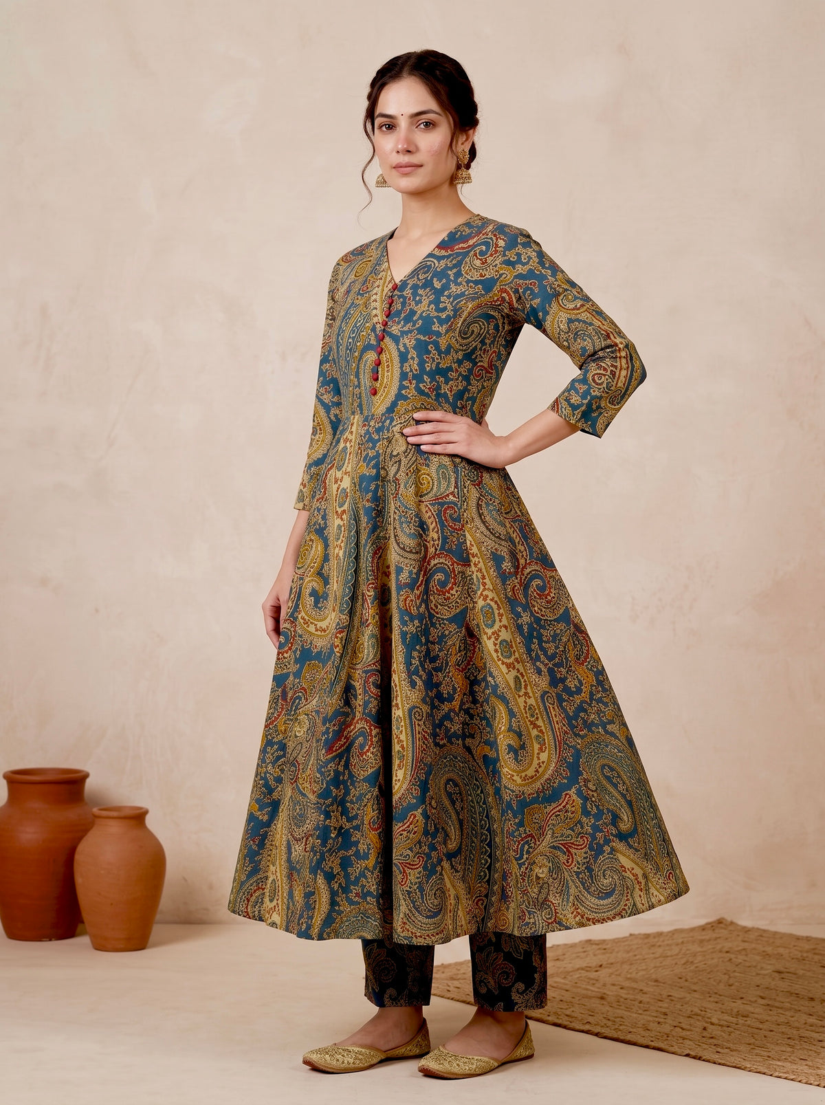 Blue Paisley Printed Cotton Anarkali Set