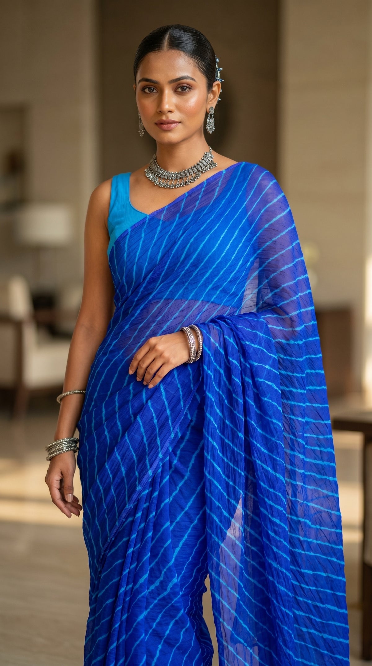 Royal Blue Leheriya Georgette Saree with Blouse Piece