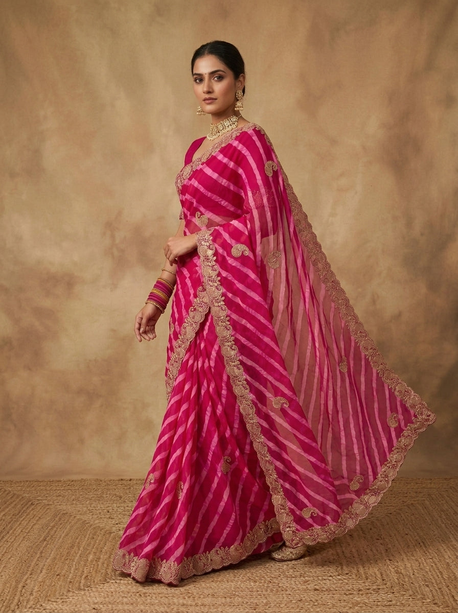 Rani Pink Leheriya Georgette Saree with Embroidered Scalloped Border
