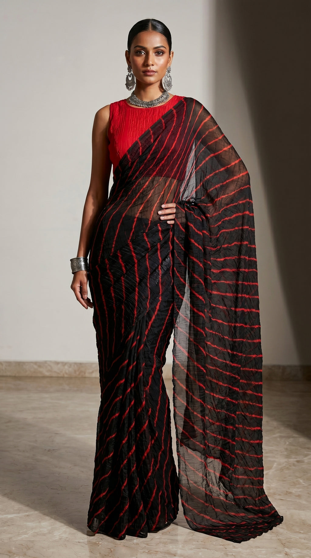 Black & Red Leheriya Georgette Saree with Blouse Piece