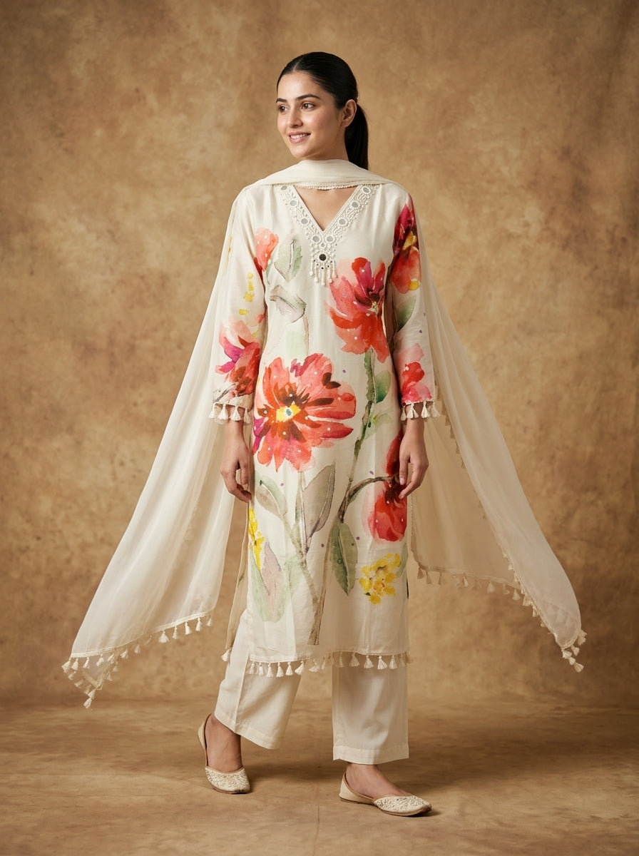 Ivory Watercolour Floral Cotton Kurta Set for Women – Straight Suit with Dupatta