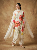Ivory Watercolour Floral Cotton Kurta Set for Women – Straight Suit with Dupatta