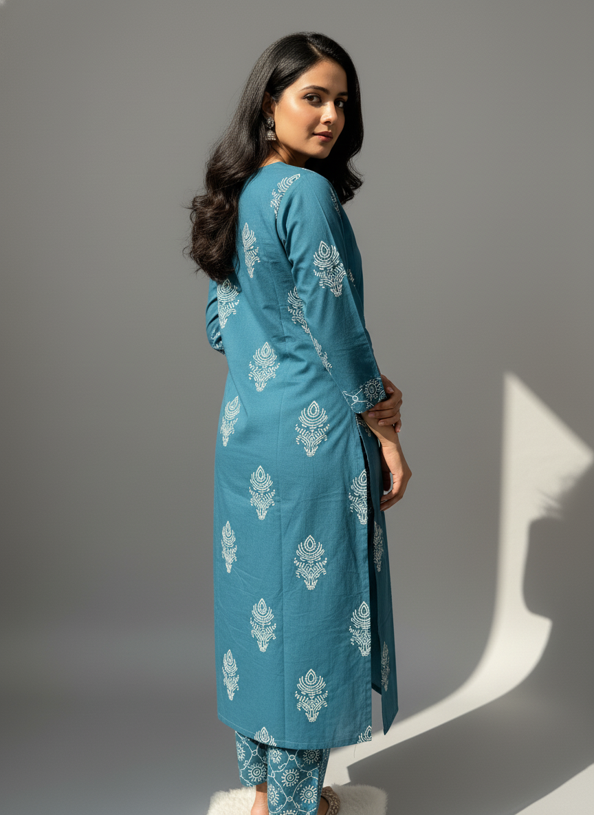 Teal Blue Mandala Print Cotton Kurta Set for Women – Daily Wear Ethnic Suit