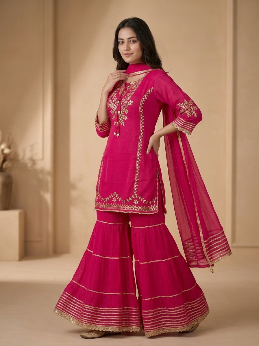 Rani Pink Gota Patti Embroidered Kurta Sharara Set with Dupatta