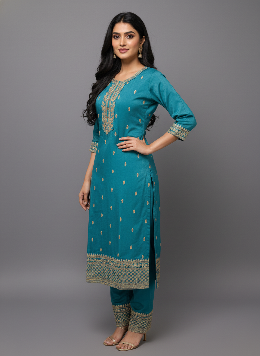Firozee Straight-Cut Viscose Suit Set with Gold Zari Embroidery