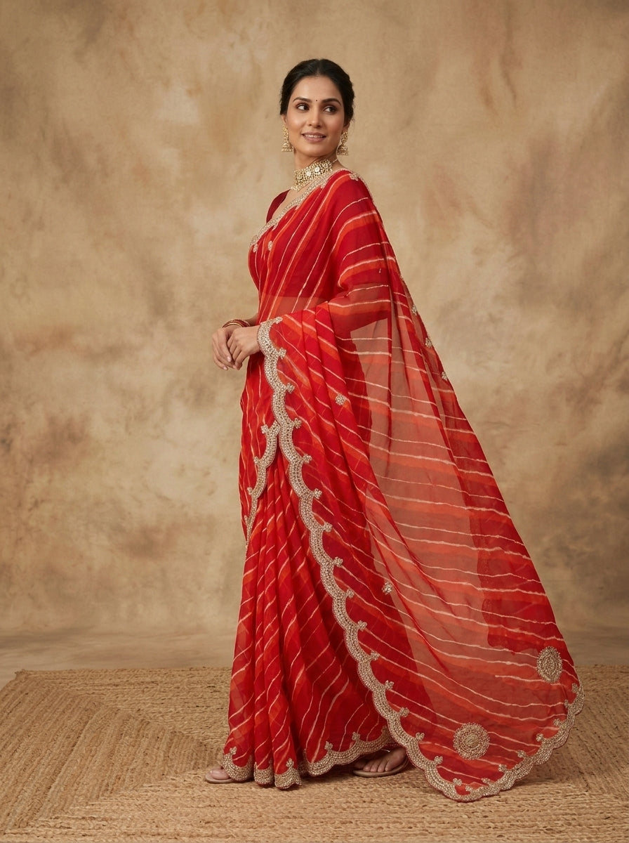 Red Leheriya Georgette Saree with Pearl Scalloped Border