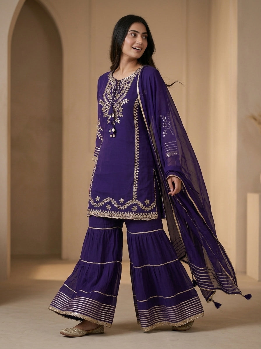 Purple Gota Patti Embroidered Kurta Sharara Set with Dupatta