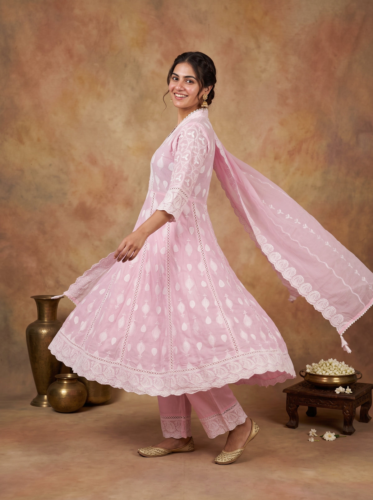Pink Chikankari Cotton Schiffli Anarkali Set