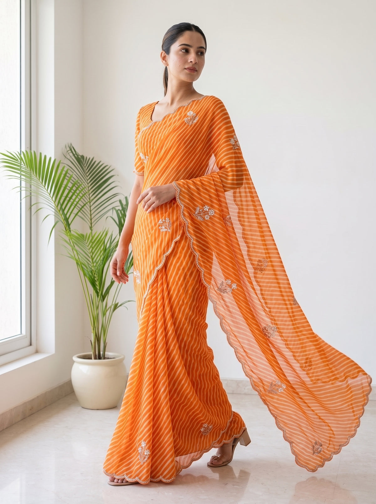 Orange Leheriya Georgette Saree with Pearl Work & Blouse Piece