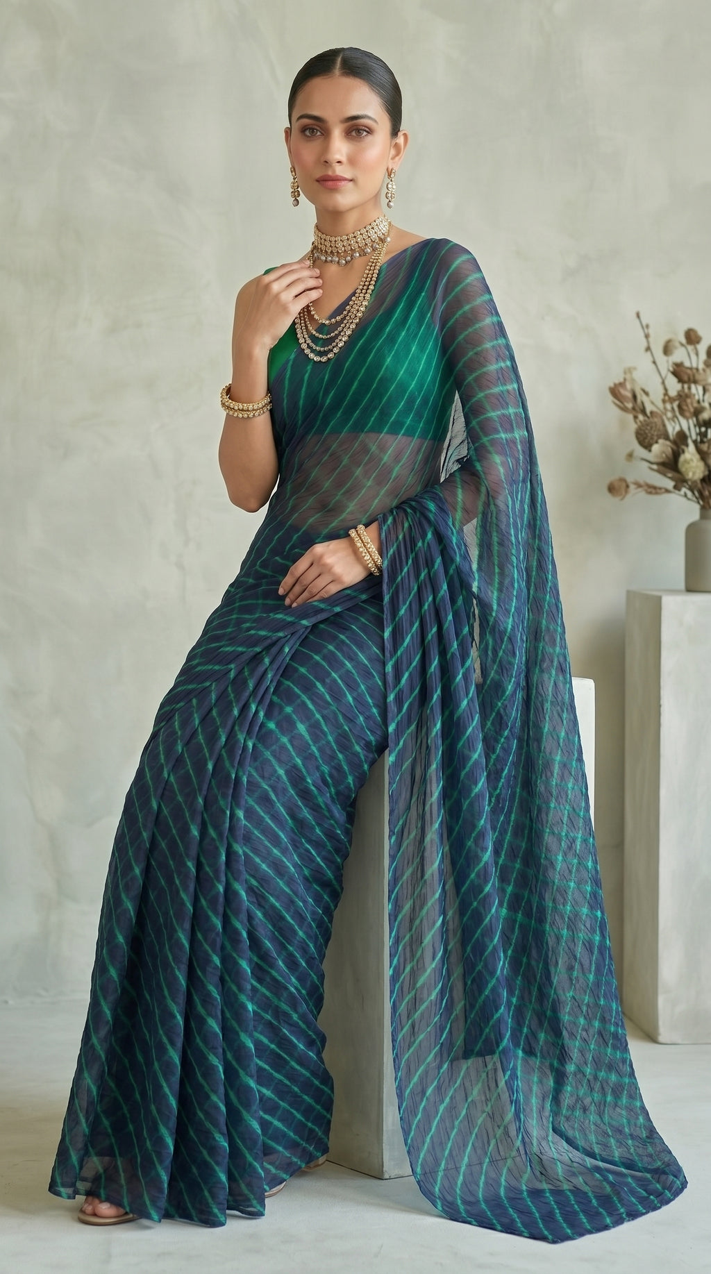 Navy Blue & Green Leheriya Georgette Saree with Blouse Piece
