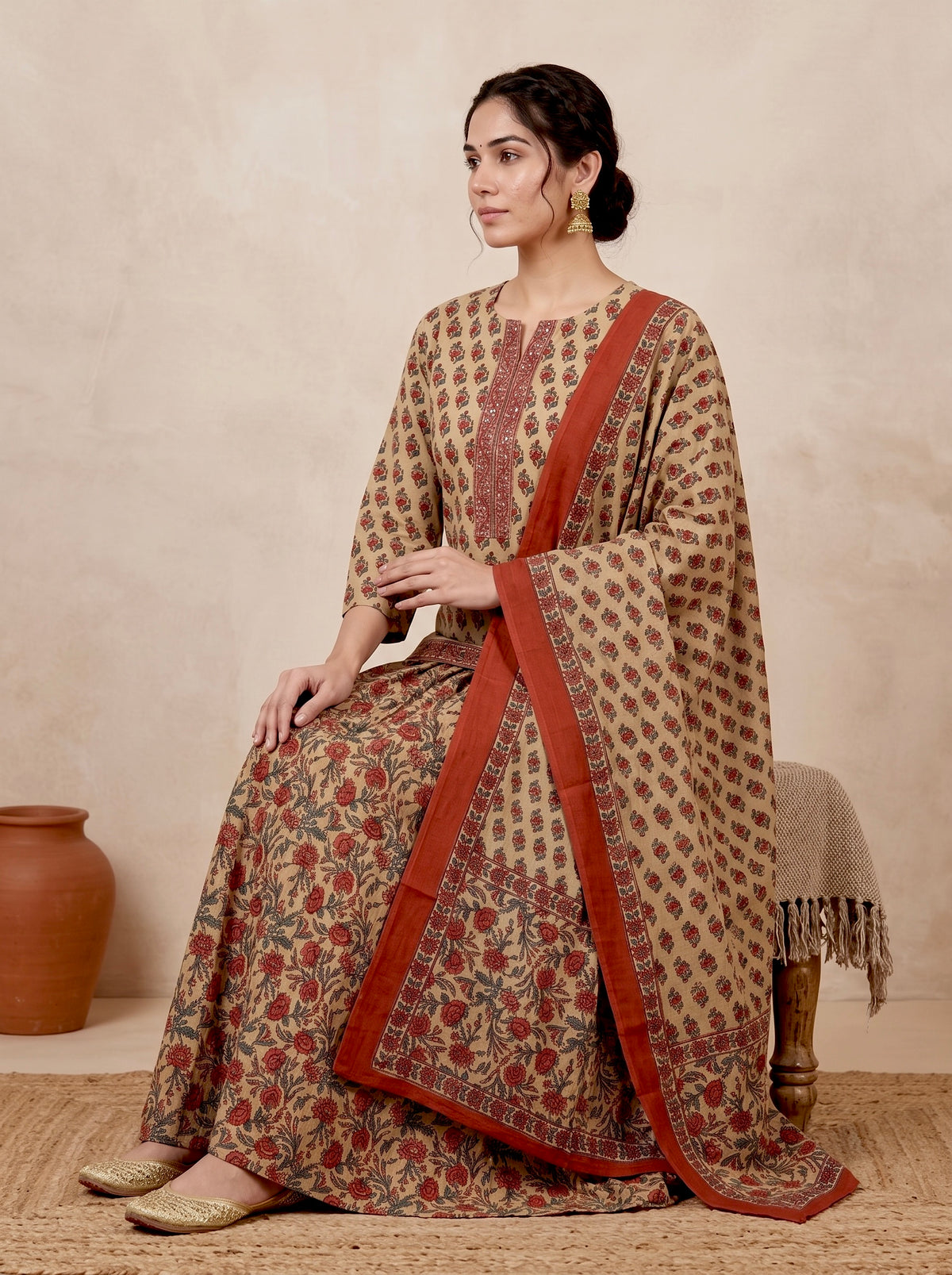 Beige Floral Printed Cotton Top & Skirt Set