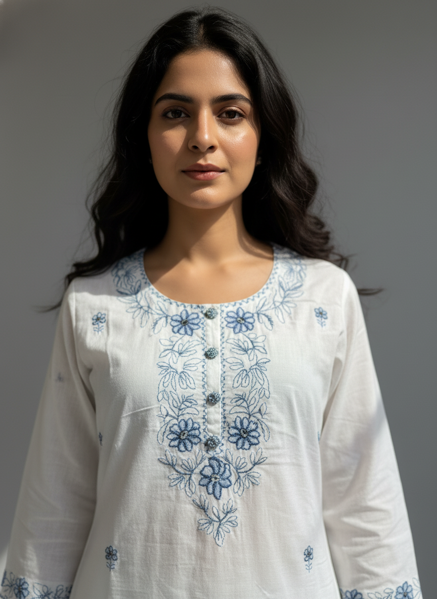 White Chikankari Cotton Kurta Set for Women – Embroidered Daily Wear Suit