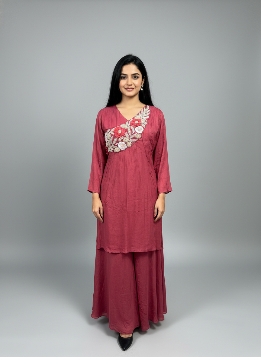 Maroon Georgette Floral Embroidered Kurta and Sharara Set