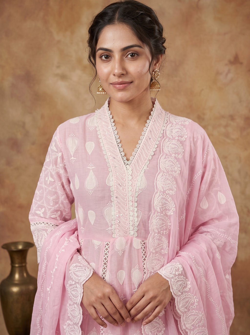 Pink Chikankari Cotton Schiffli Anarkali Set