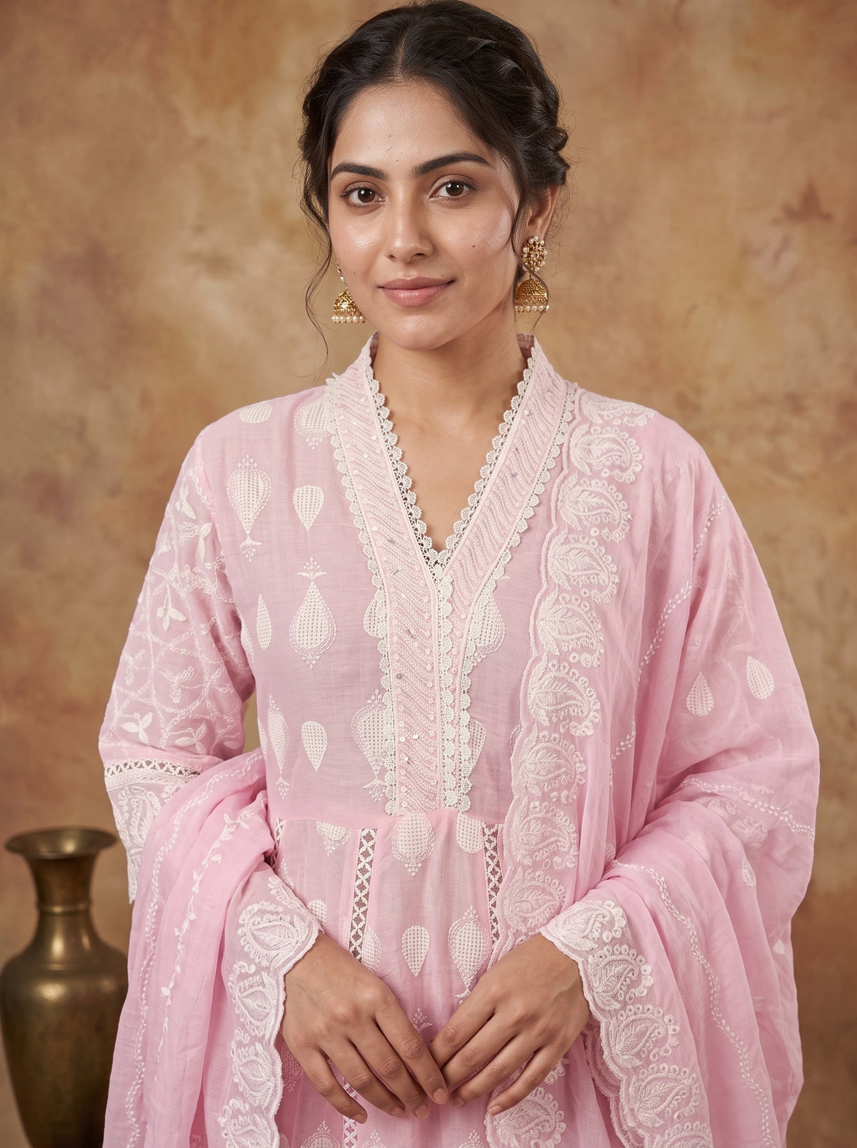 Pink Chikankari Cotton Schiffli Anarkali Set