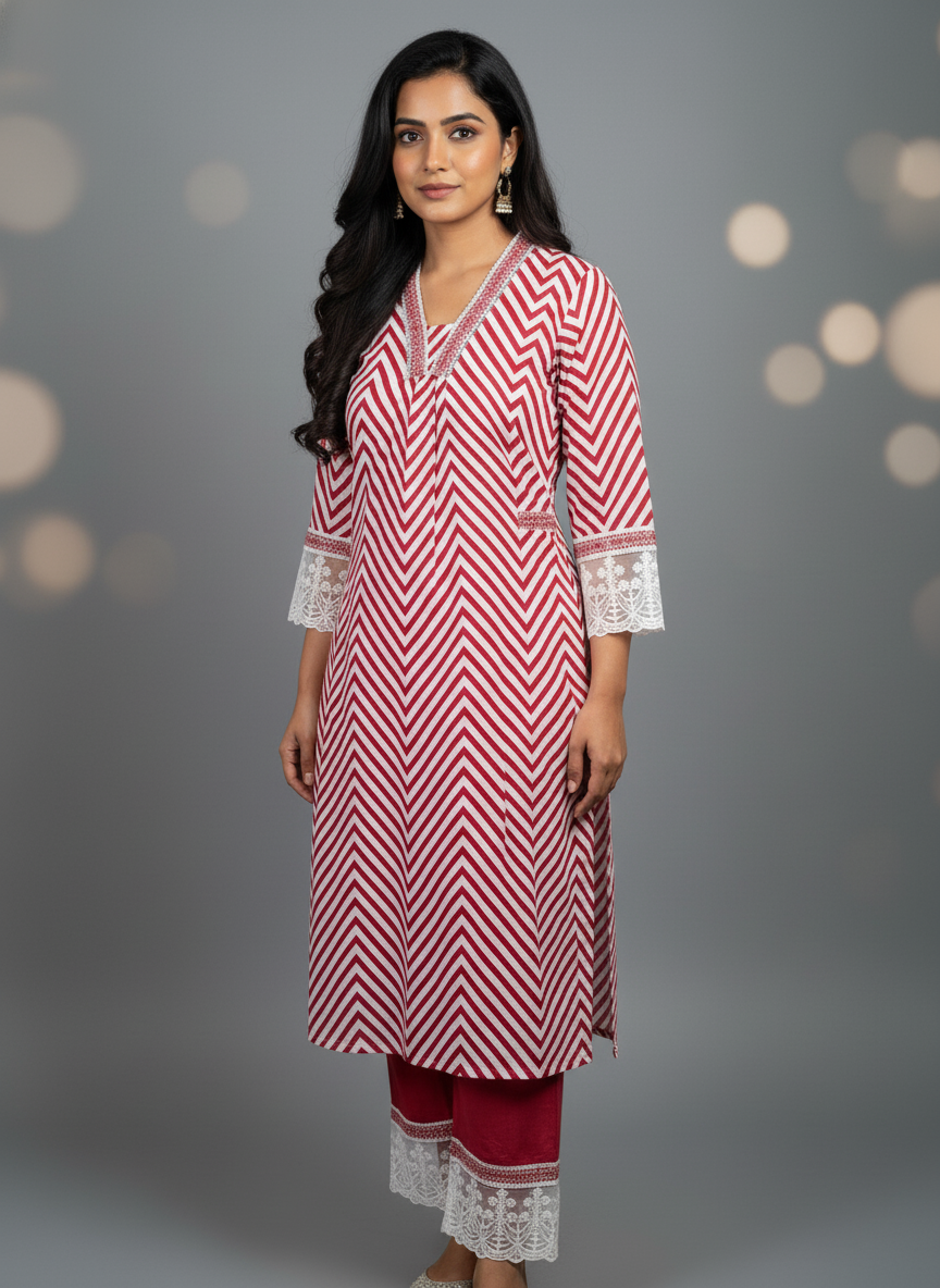 Maroon Chevron Lace Cotton Kurta Set for Women – Pure Cotton Daily Wear Suit