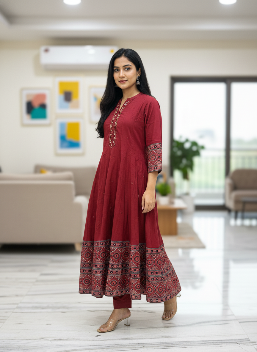 Brick Red Ajrakh Print Cotton Anarkali Suit for Women – Block Print Ethnic Kurta