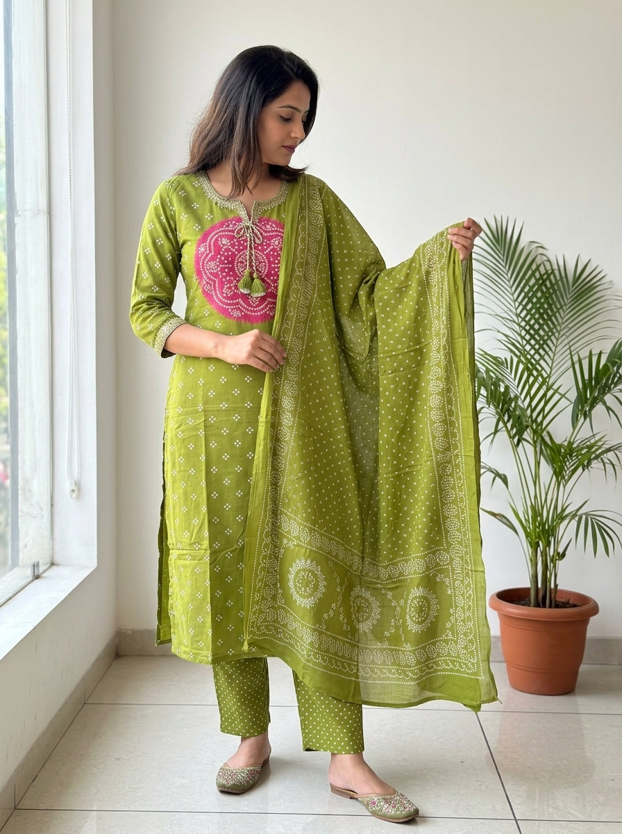 Mehndi Green Bandhani Print Cotton Kurta Pant Set with Dupatta