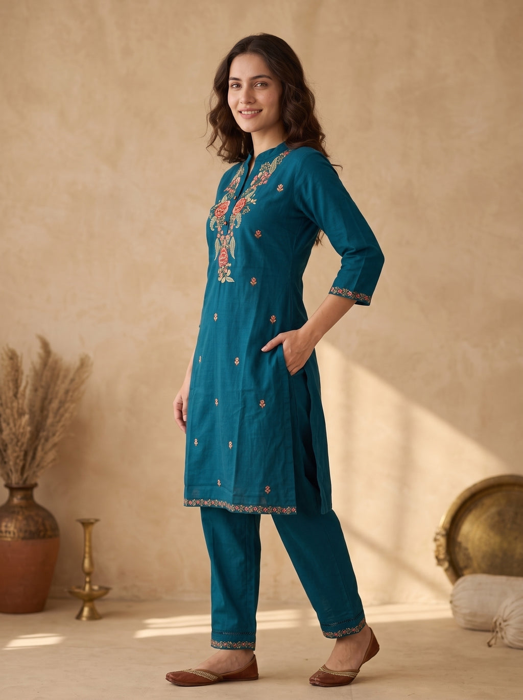 Teal Blue Floral Embroidered Linen Cotton Kurta Pant Set