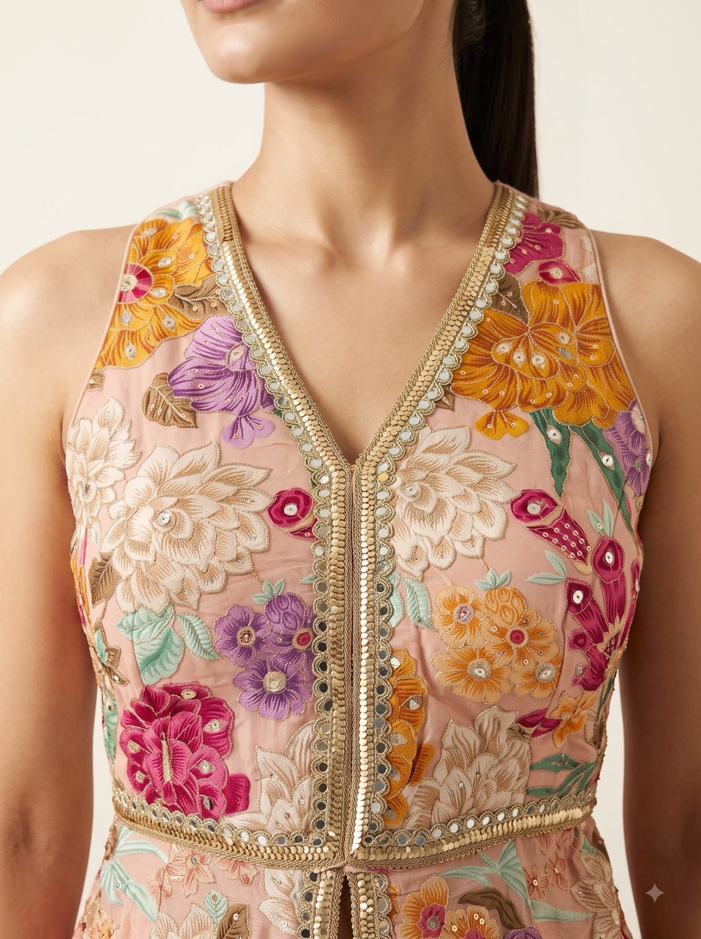 Peach Georgette Multicolour Floral Embroidered Tunic & Palazzo Co-ord Set
