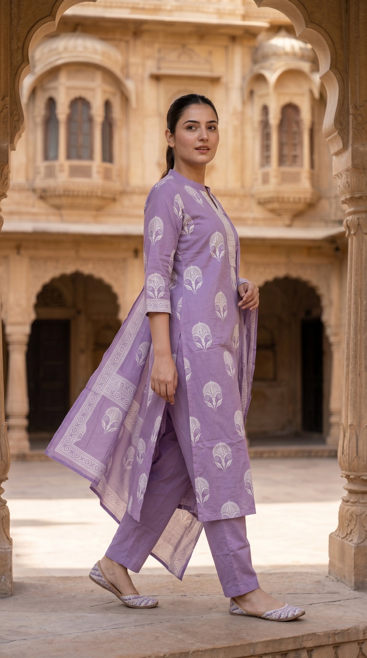 Lavender Block Print Cotton Kurta Set for Women – Straight Suit with Dupatta
