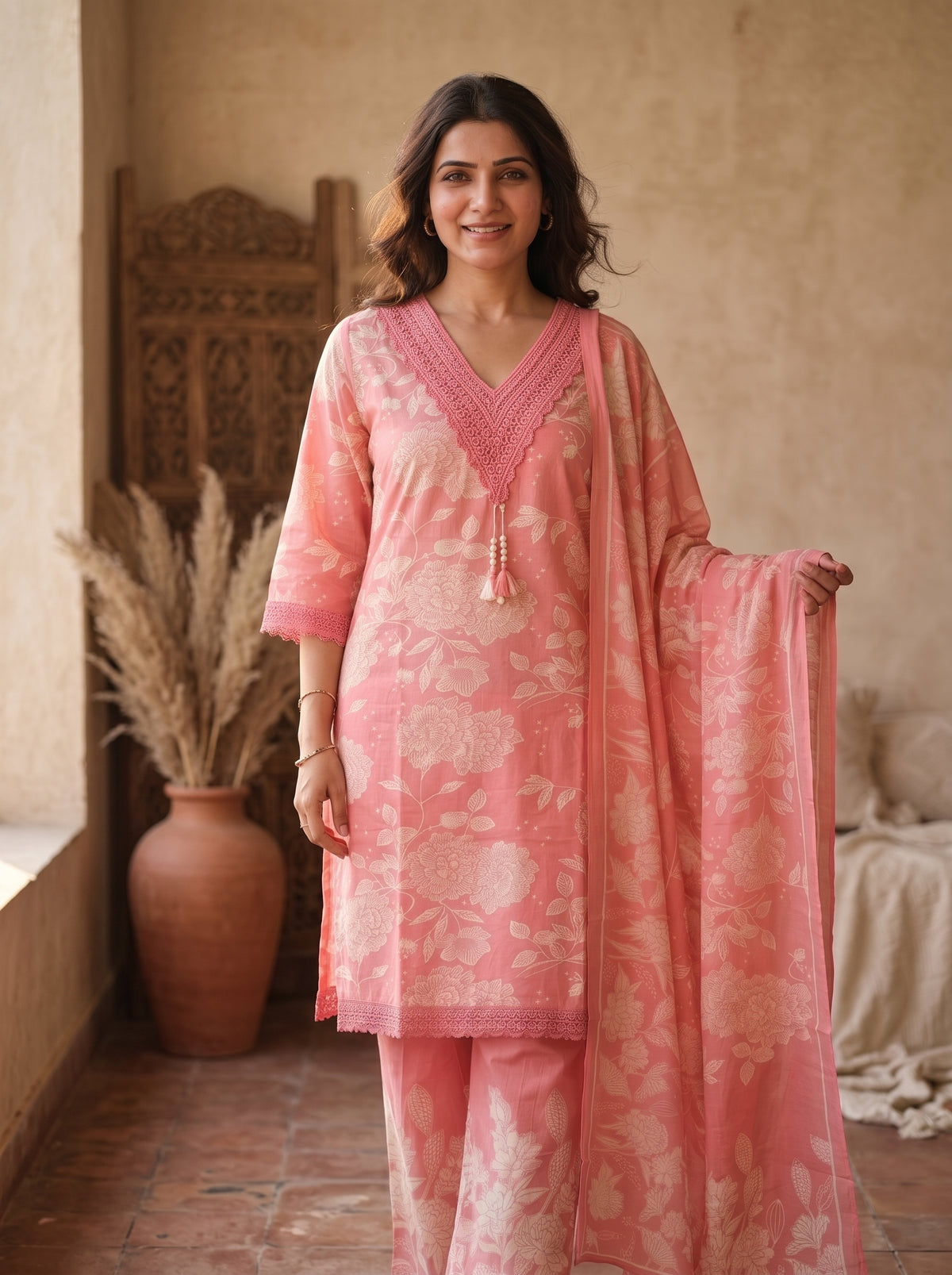 Pink Floral Print Cotton Kurta Set with Lace & Dupatta
