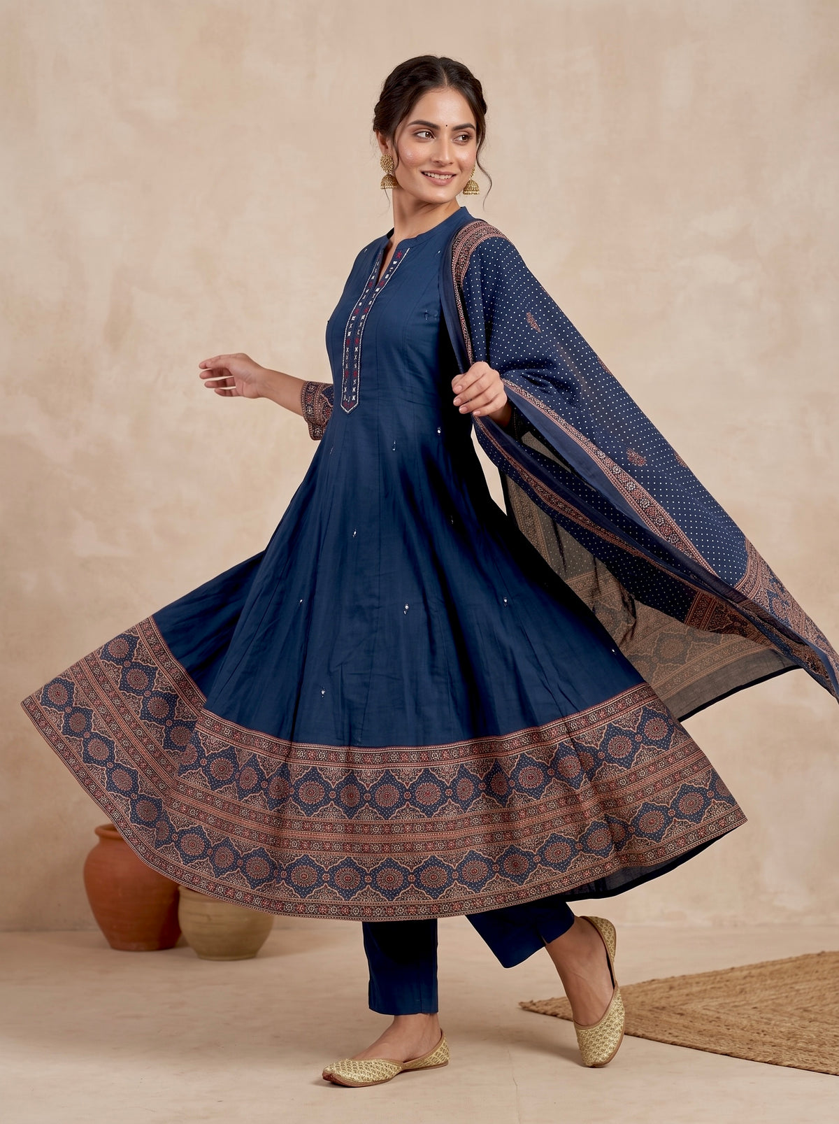 Navy Ajrakh Border Cotton Anarkali Set