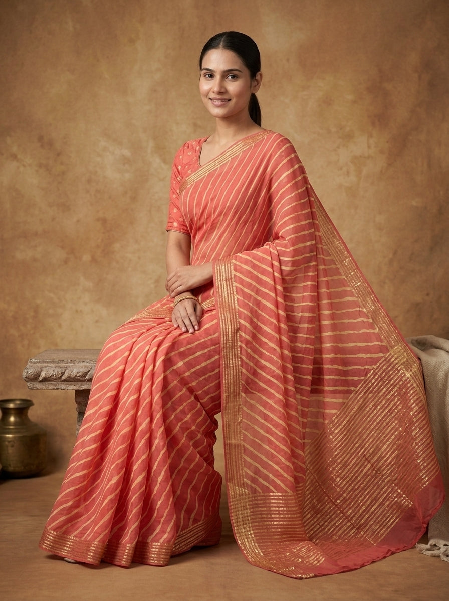 Coral Peach Leheriya Modal Silk Saree for Women with Zari Border & Blouse Piece