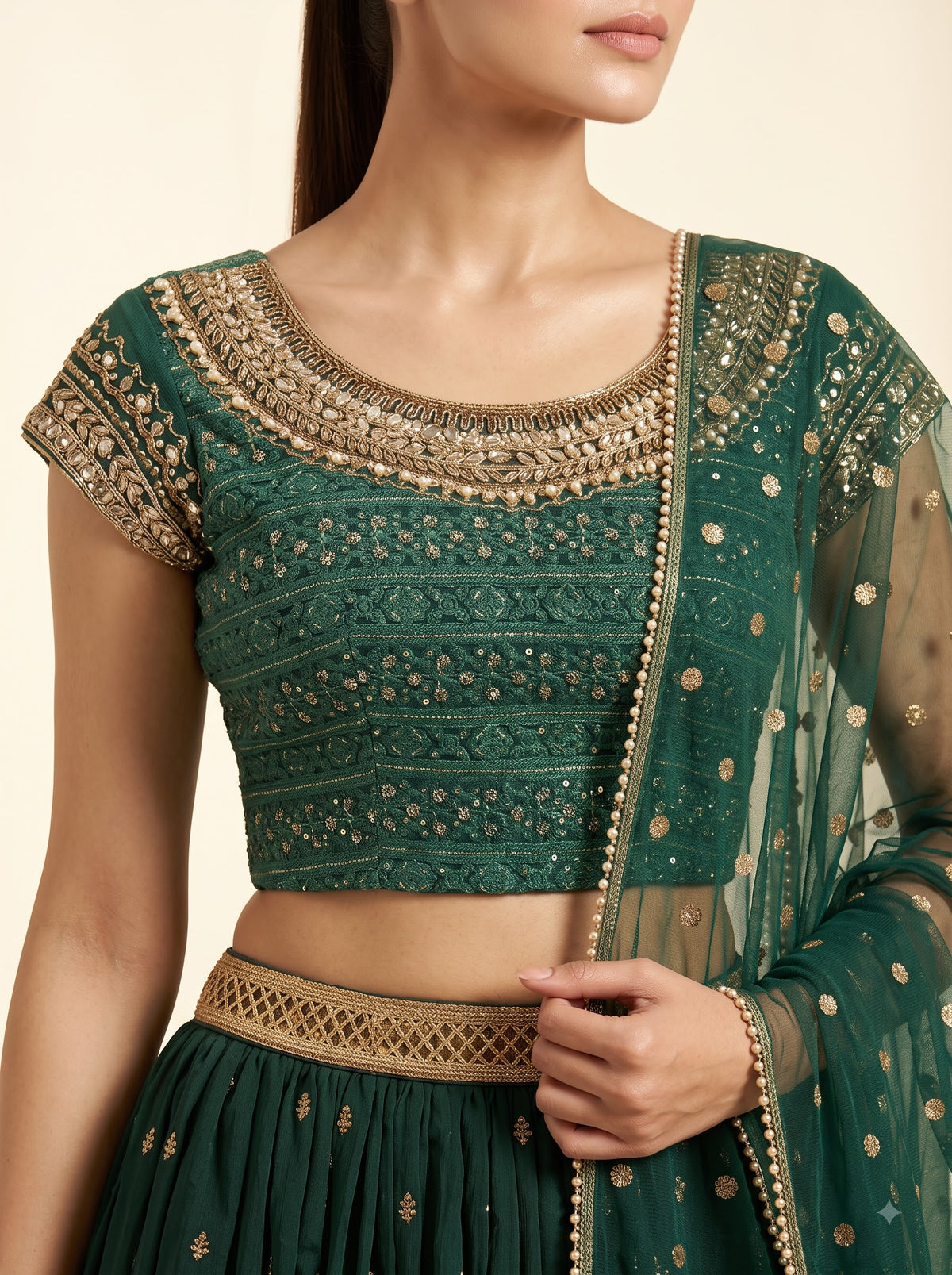 Bottle Green Georgette Lehenga Set with Sequin Embroidered Blouse & Net Dupatta
