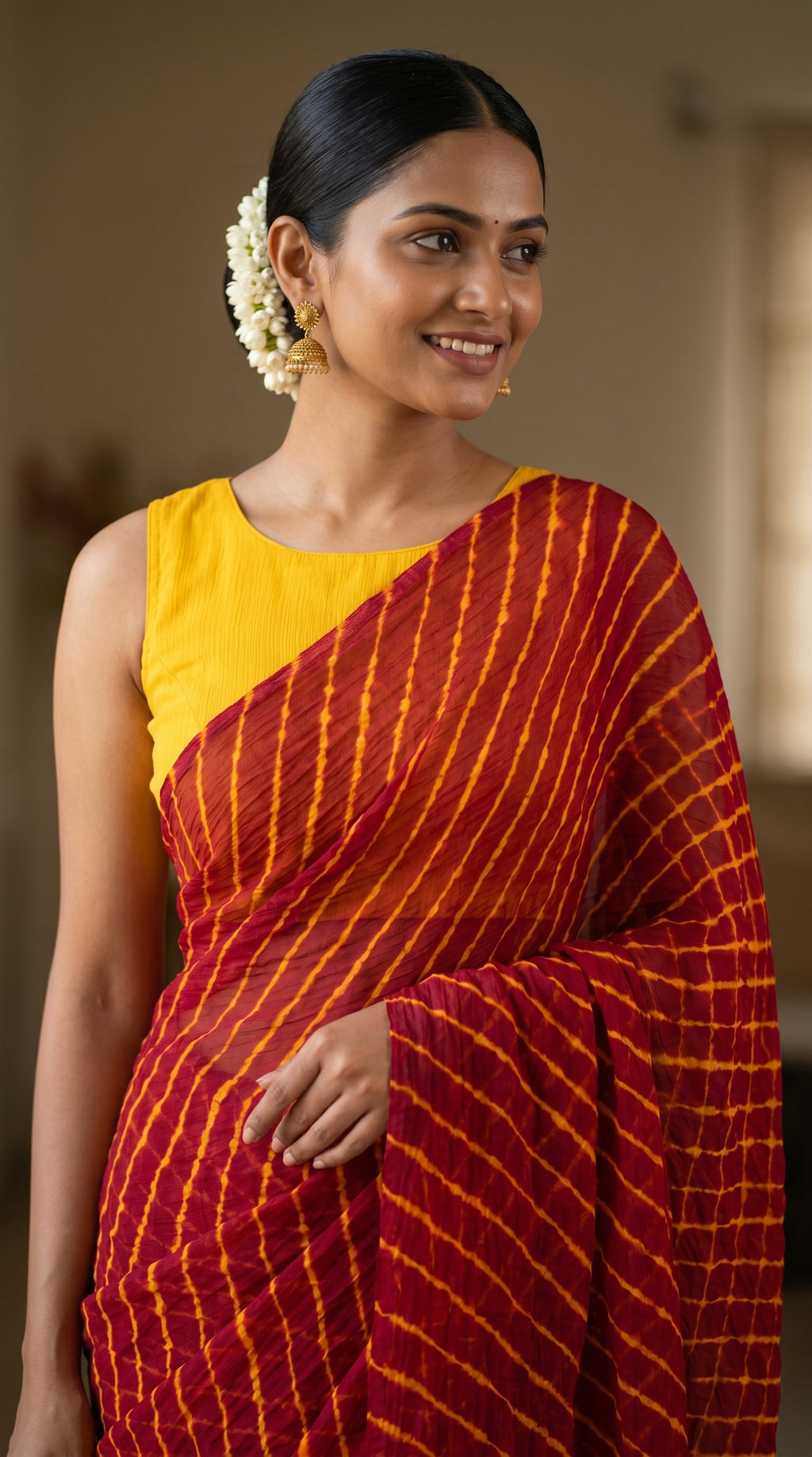 Maroon & Mustard Leheriya Georgette Saree with Blouse Piece