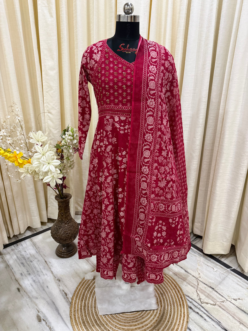 Maroon Floral Cotton Anarkali Suit for Women – Printed Daily Wear Kurta Set