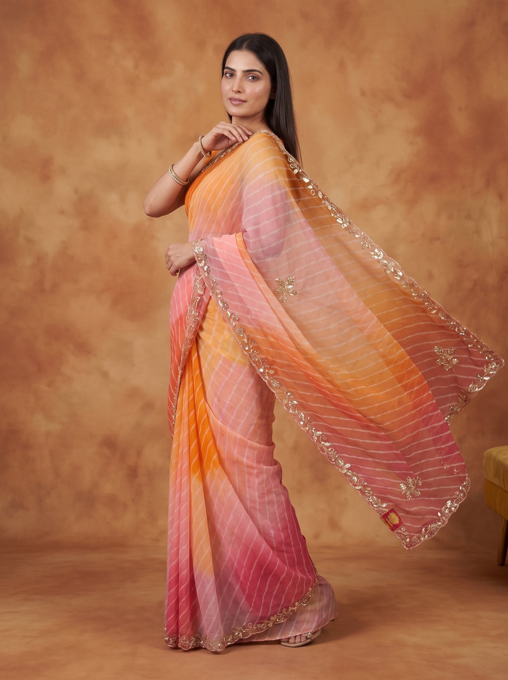 Orange & Peach Ombre Leheriya Georgette Saree with Kat Dana Work & Blouse Piece