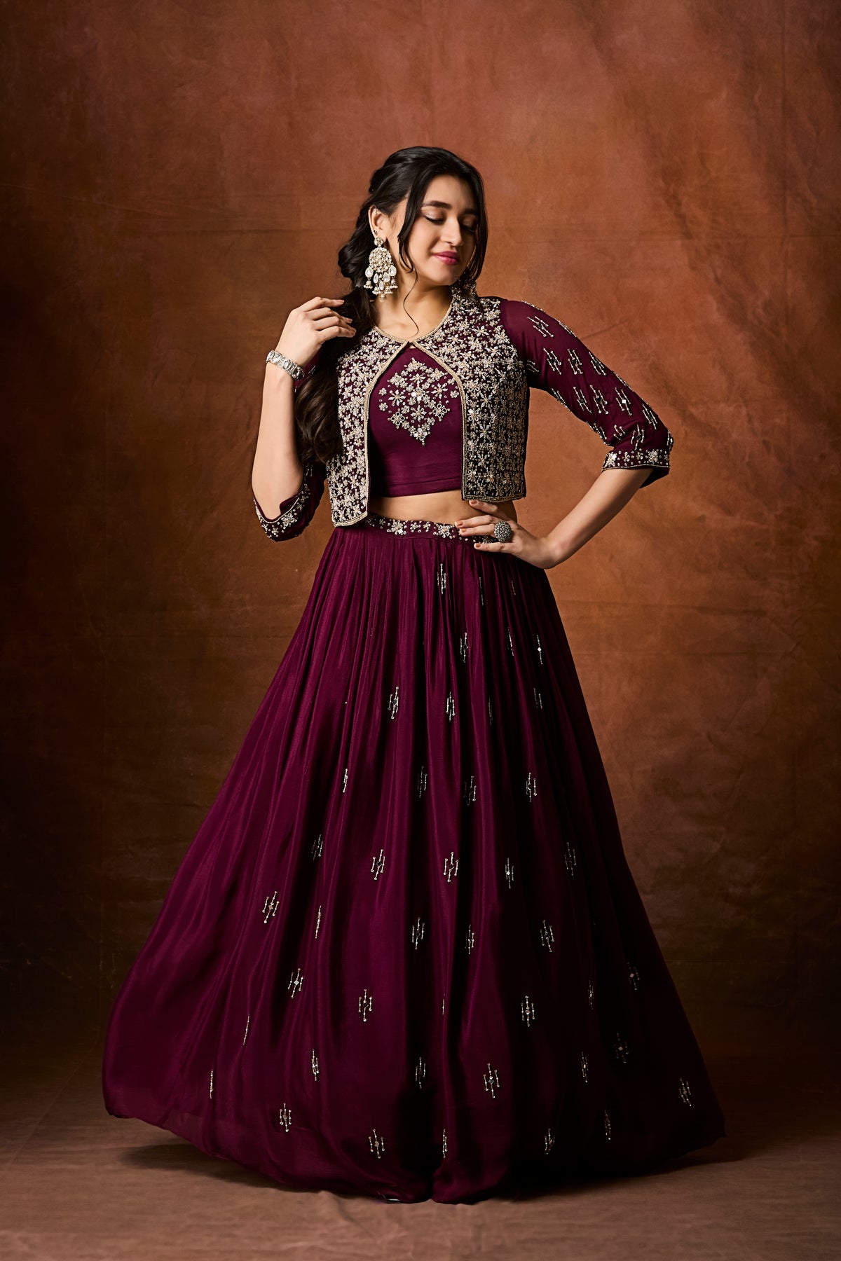 Royal Plum Three-Piece Lehenga Set with Sequin Embroidery