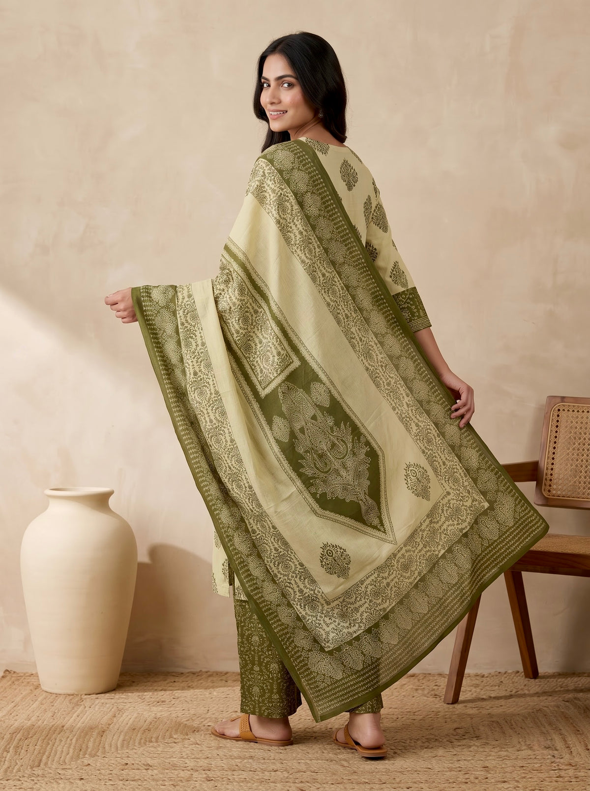 Olive Green Block Print Premium Cotton Kurta Palazzo Set