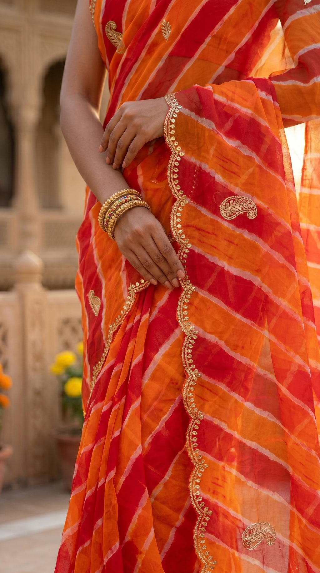 Orange & Red Leheriya Georgette Saree with Embroidered Border & Blouse Piece