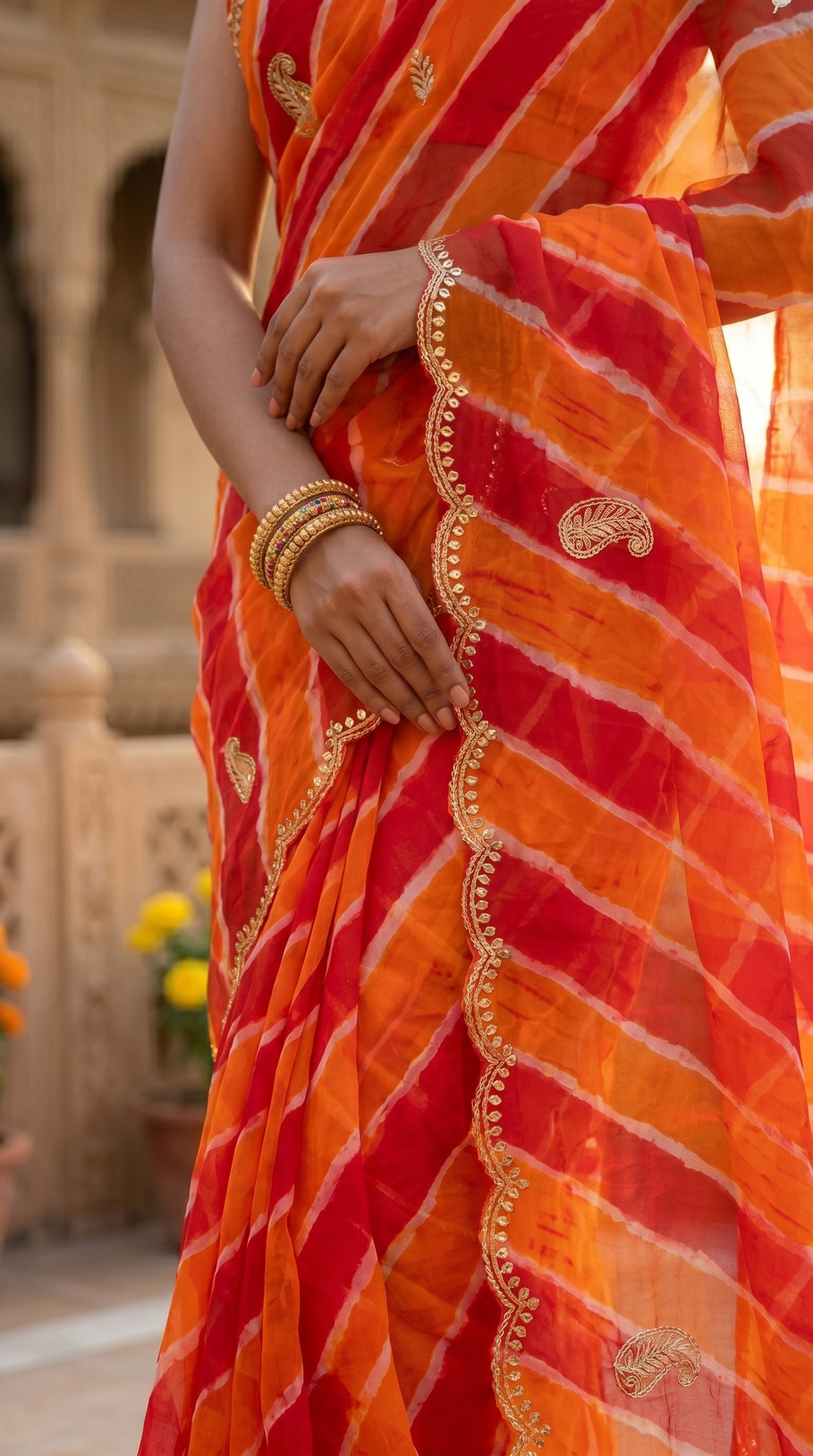 Orange & Red Leheriya Georgette Saree with Embroidered Border & Blouse Piece