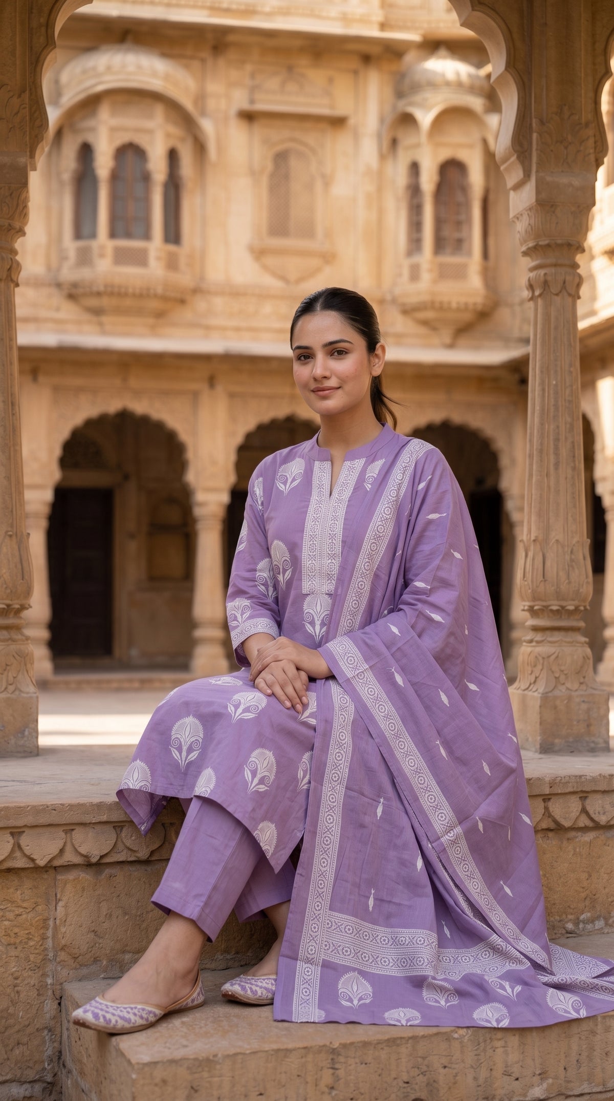 Lavender Block Print Cotton Kurta Set for Women – Straight Suit with Dupatta