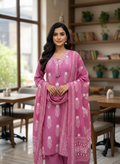 Mauve Pink Leaf Print Cotton Kurta Set for Women – Office Wear Ethnic Suit