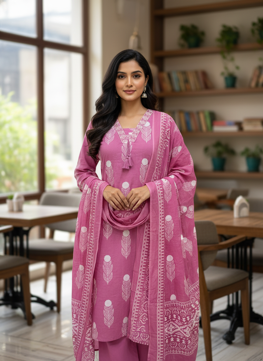 Mauve Pink Leaf Print Cotton Kurta Set for Women – Office Wear Ethnic Suit