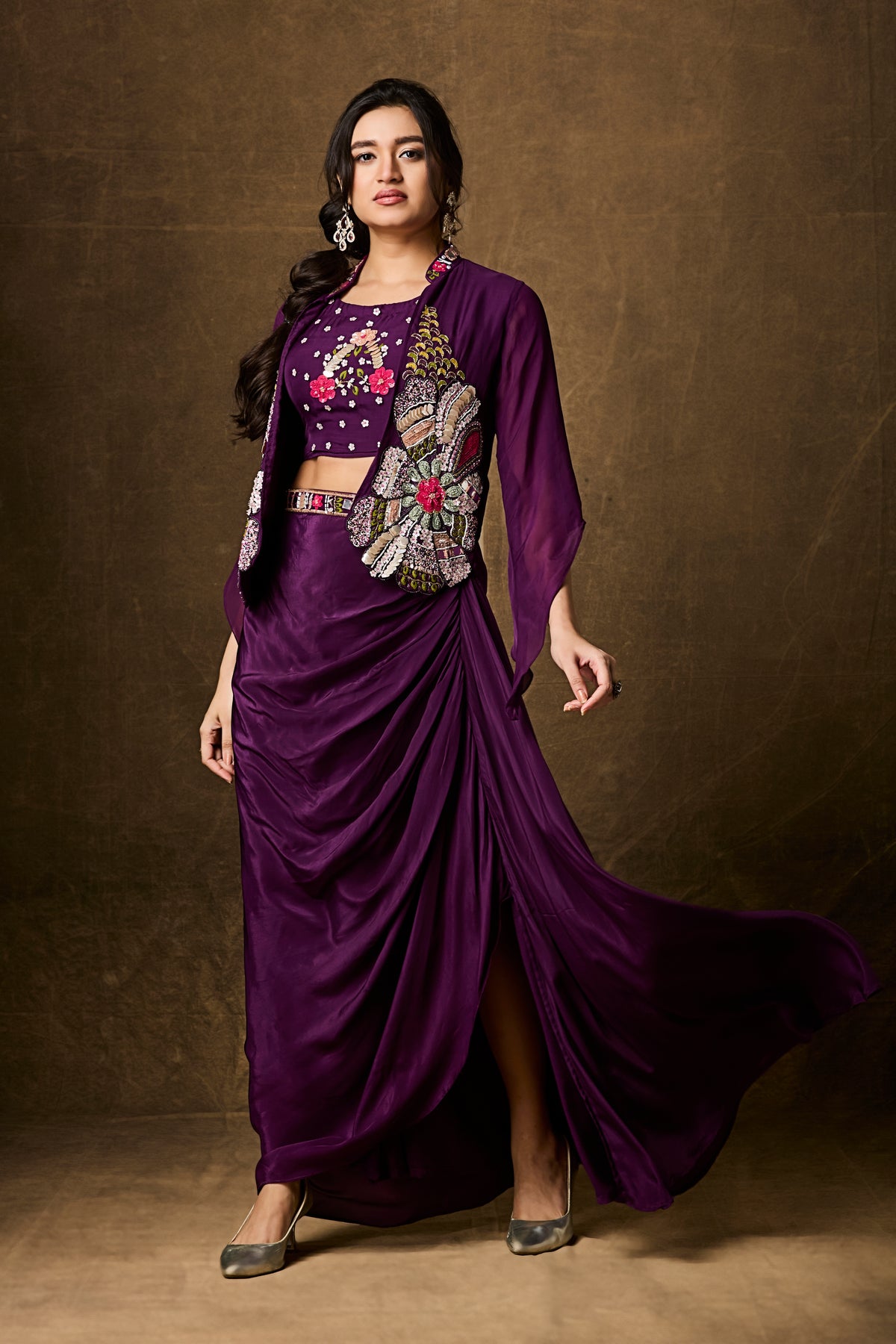 Purple Draped Skirt Set with Embroidered Jacket – Indo-Western Three-Piece