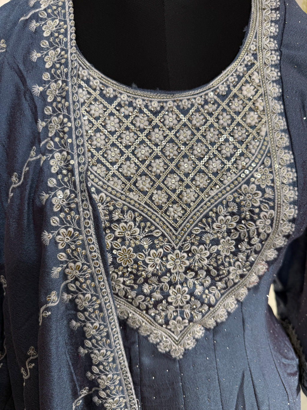 Aqua Grey Viscose Anarkali Suit Set with Sequin and Thread Work