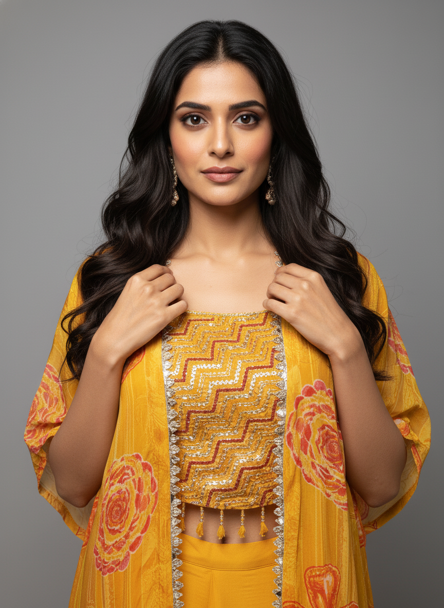 Sunshine Yellow Silk Indo-Western Set with Floral Shrug and Embroidered Crop Top