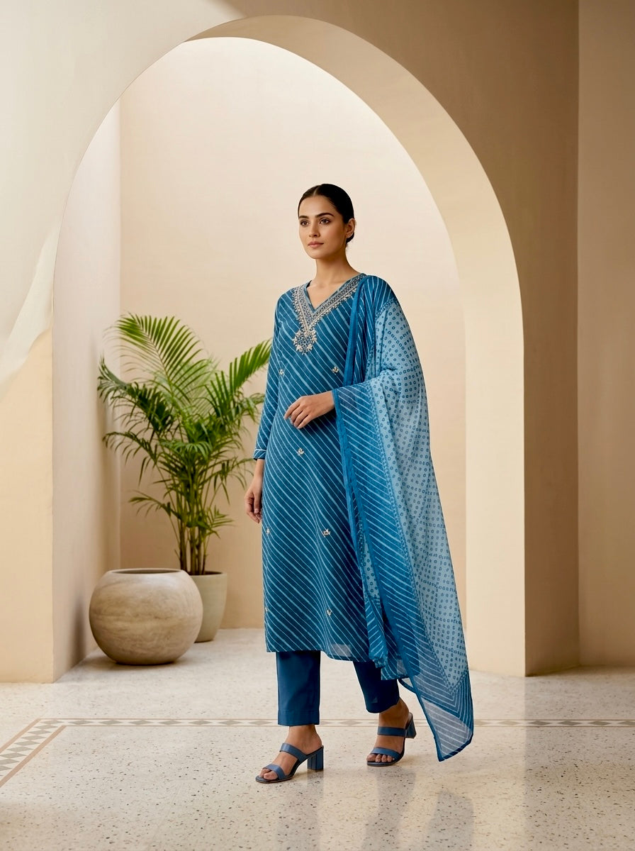 Teal Blue Leheriya Printed Kurta Pant Set with Dupatta
