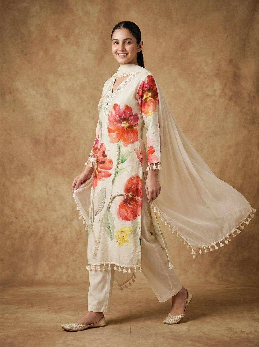 Ivory Watercolour Floral Cotton Kurta Set for Women – Straight Suit with Dupatta