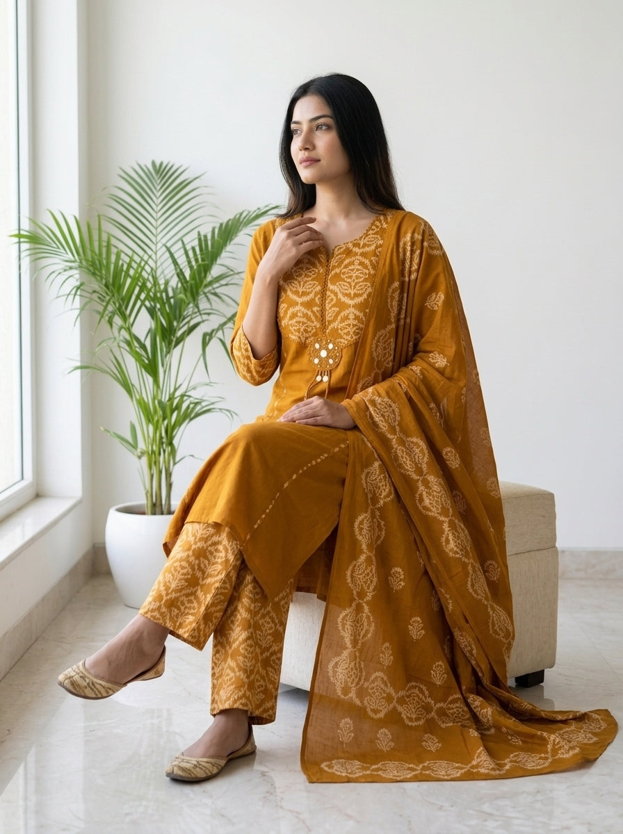 Ochre Mustard Bandhani Print Cotton Kurta Pant Set with Dupatta