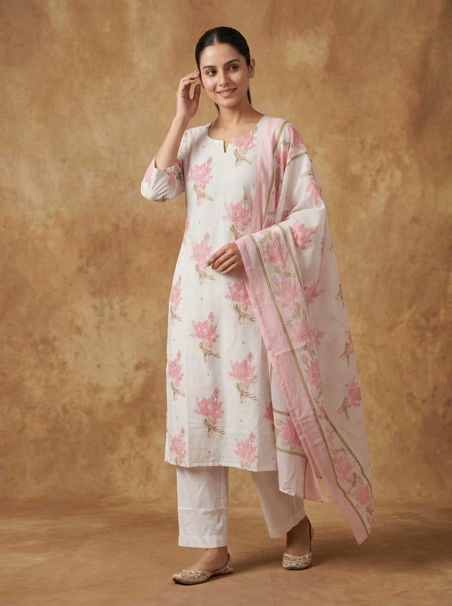 White Pink Lotus Print Cotton Kurta Set for Women – Straight Suit with Dupatta